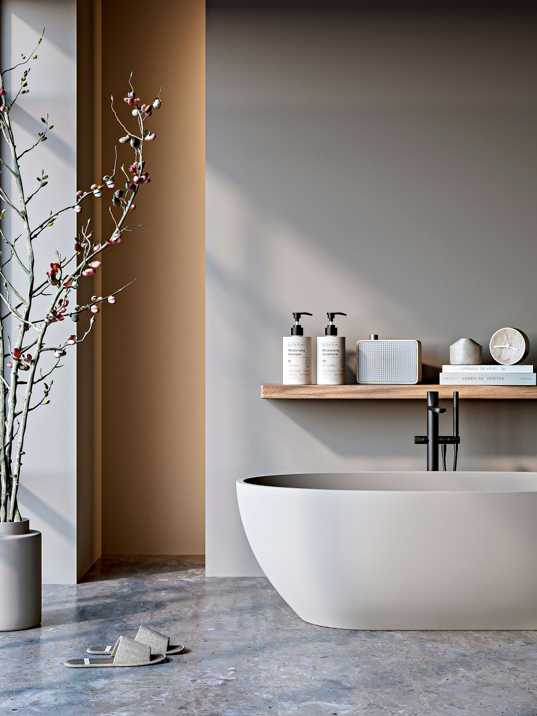 Warm neutral bathroom with a freestanding tub and floating oak shelf